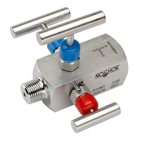 Noshok 3 Valve Double Block & Bleed, Hard Seat, 1/2 NPT Female - 1/2 NPT Male, 316 SS, 0.187" Orifice 3070-FMS